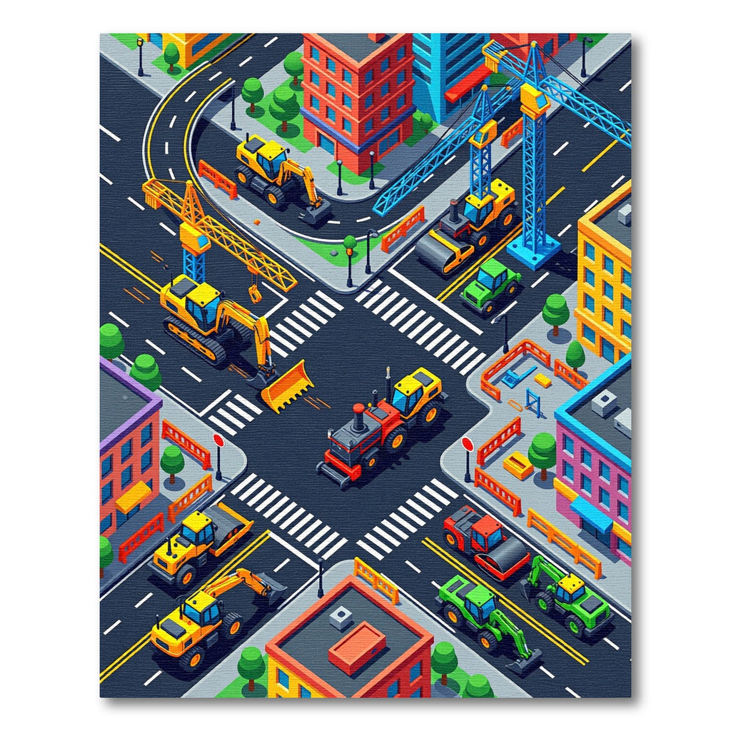 Isometric City Construction Site Scene Rug
