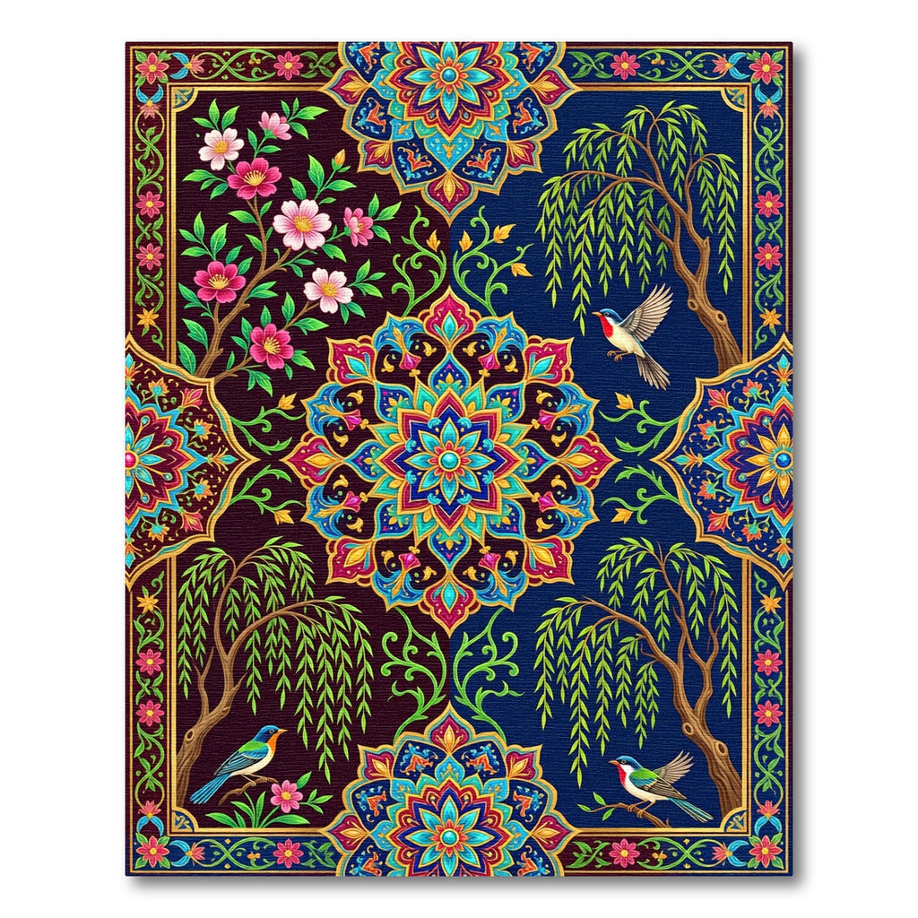Colorful Floral Medallion Garden Birds Rug