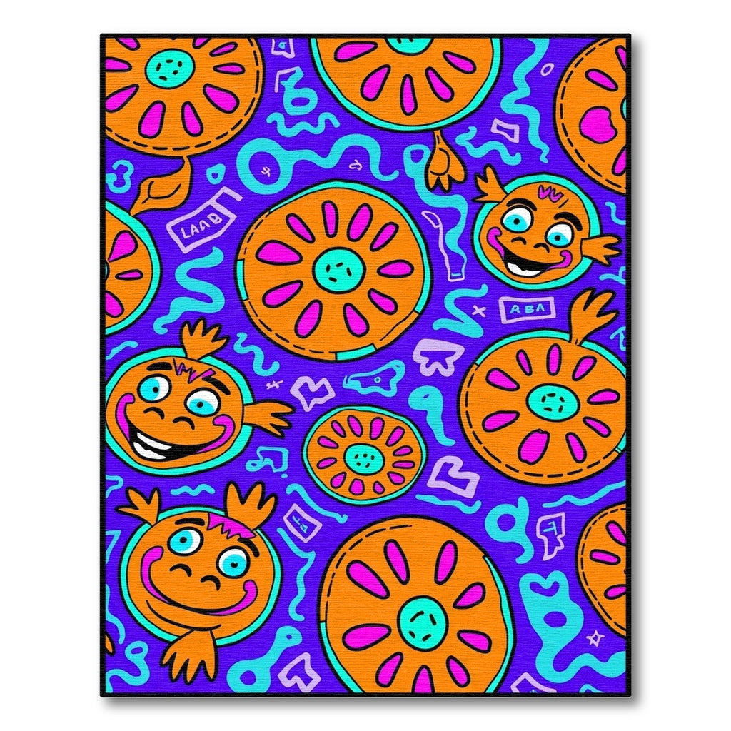Whimsical Orange Wheel Faces Blue Waves Rug
