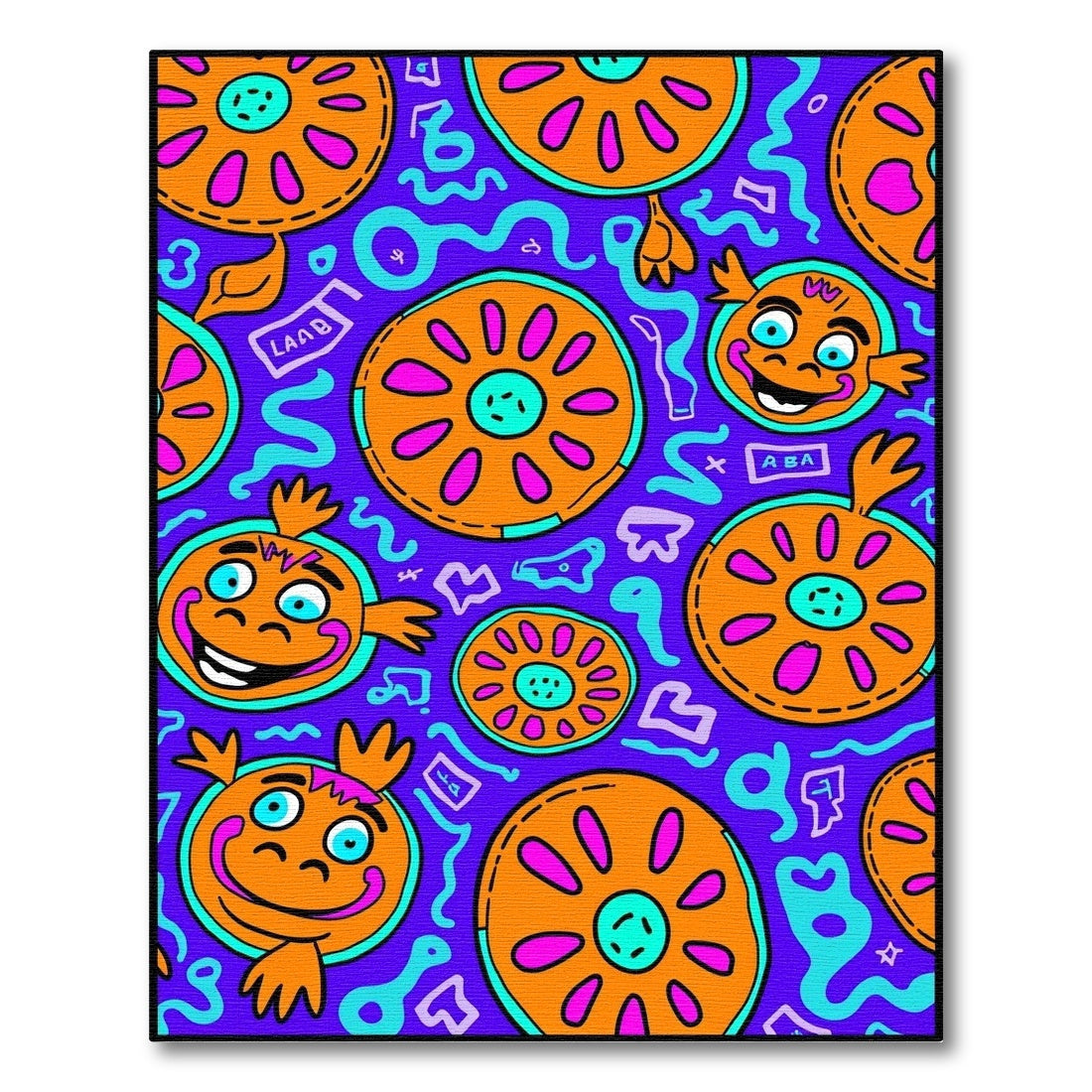 Whimsical Orange Wheel Faces Blue Waves Rug