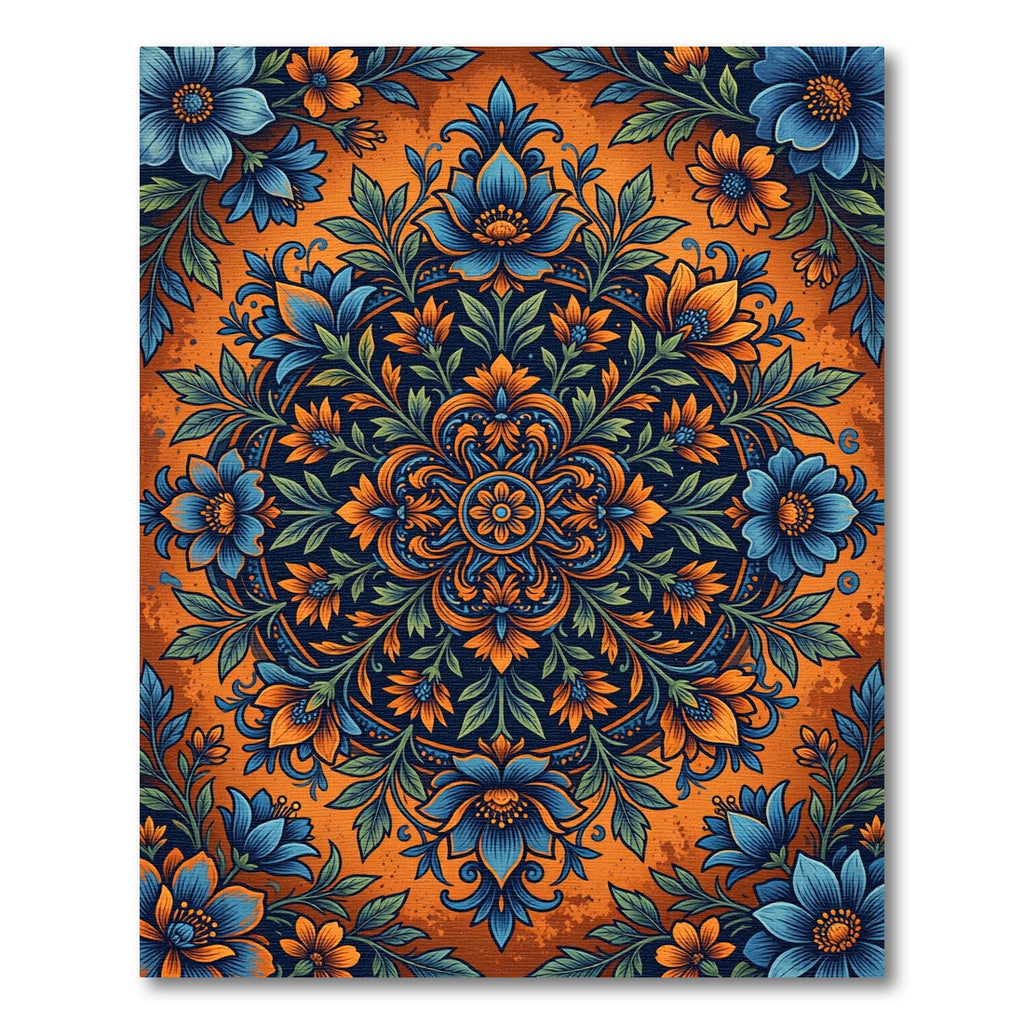 Saturated Blue Orange Blossom Mandala Rug