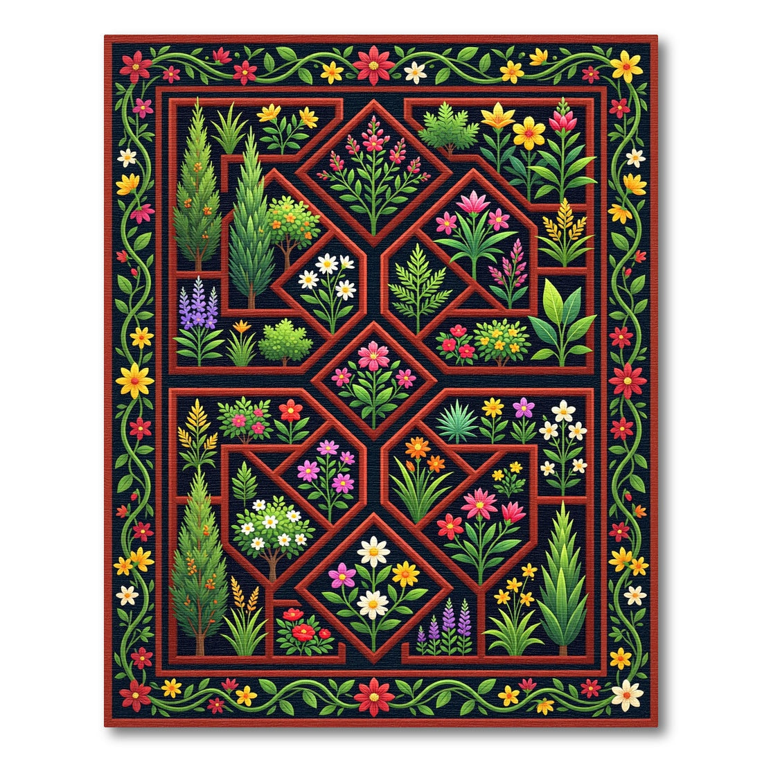 Vibrant Botanical Garden Trellis Art Rug