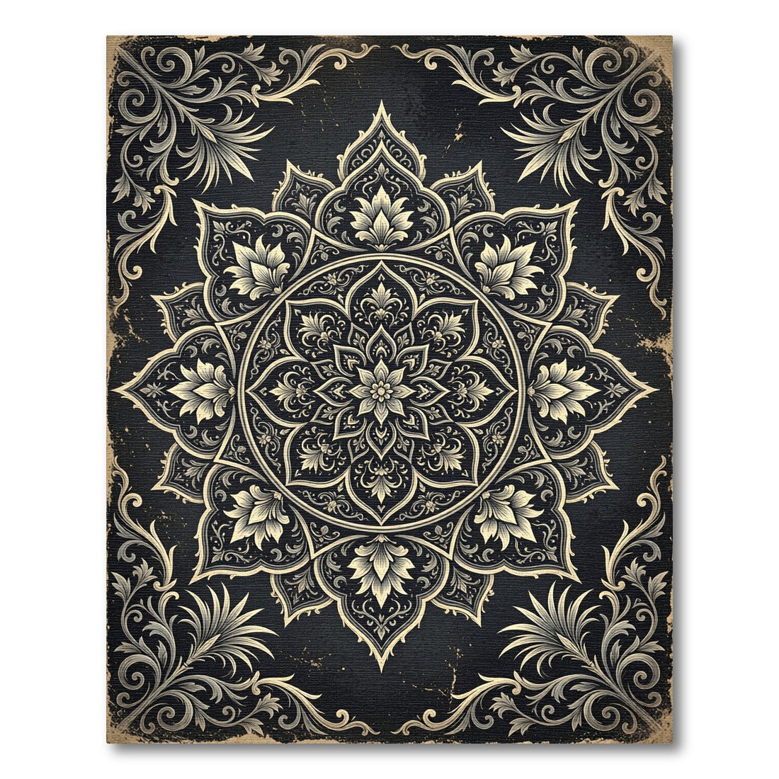 Ornate Charcoal Gold Floral Mandala Rug