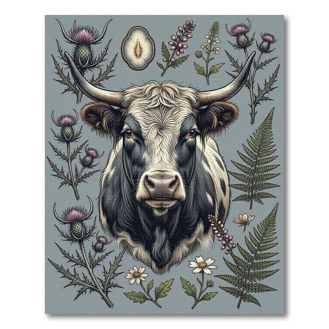 Highland Cow Thistle Floral Illustration Rug