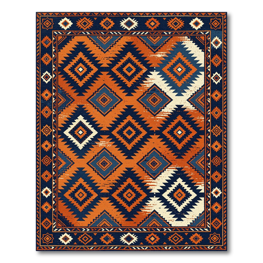 Bold Navy and Rust Geometric Diamond Rug