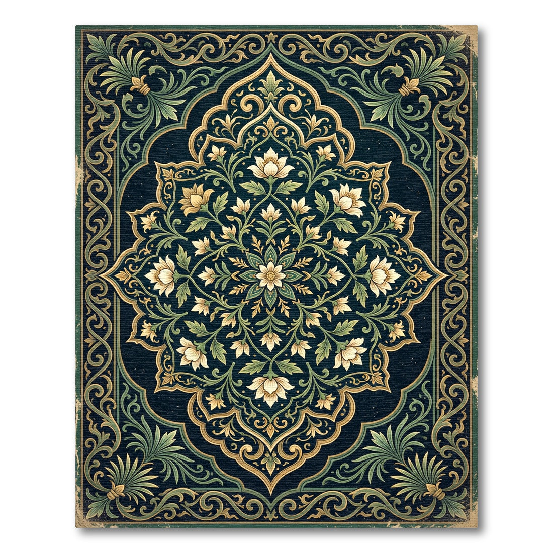 Elegant Midnight Emerald Floral Medallion Rug