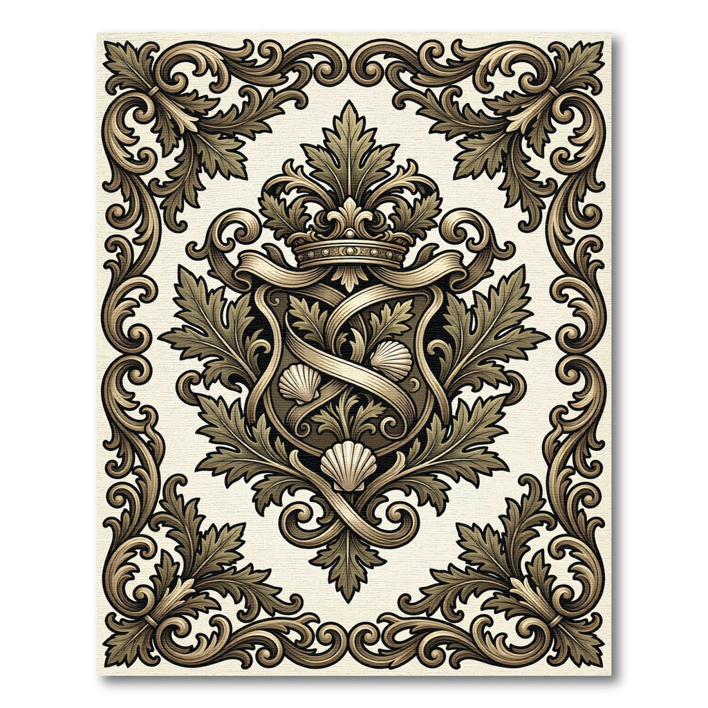 Ornate Golden Crown Shell Acanthus Crest Rug