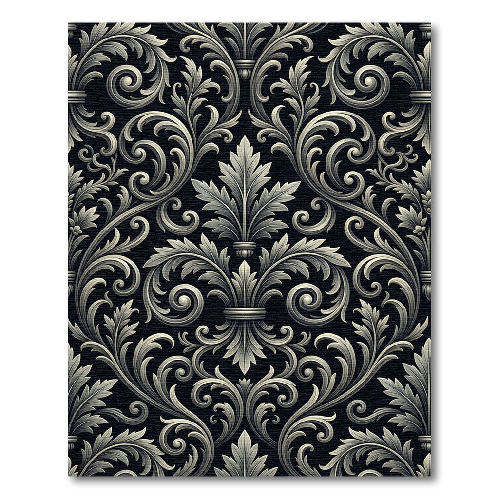 Ornate Black White Acanthus Scroll Rug