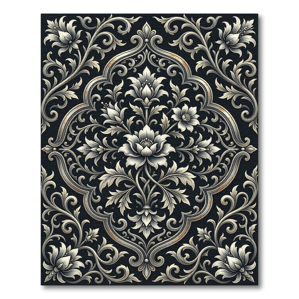 Monochrome Floral Scroll Damask Rug