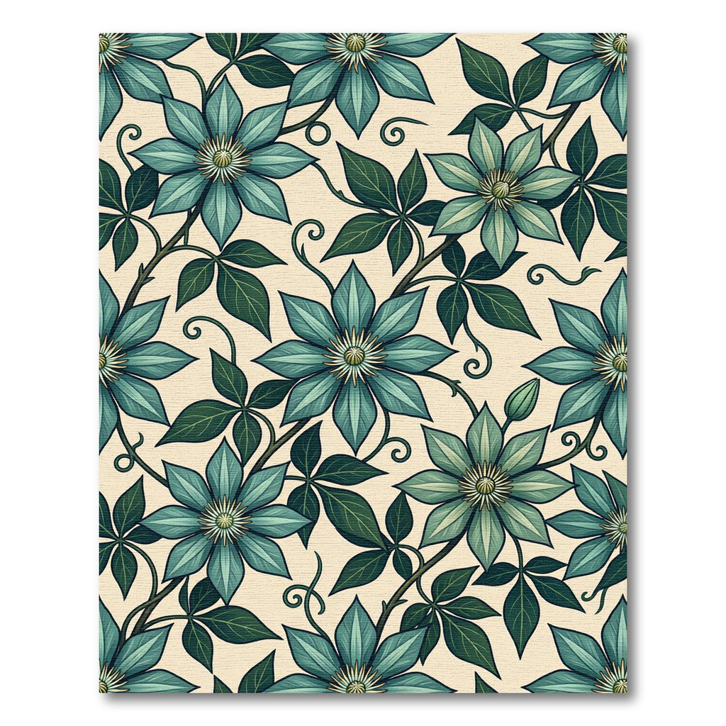 Elegant Teal Clematis Botanical Floral Rug