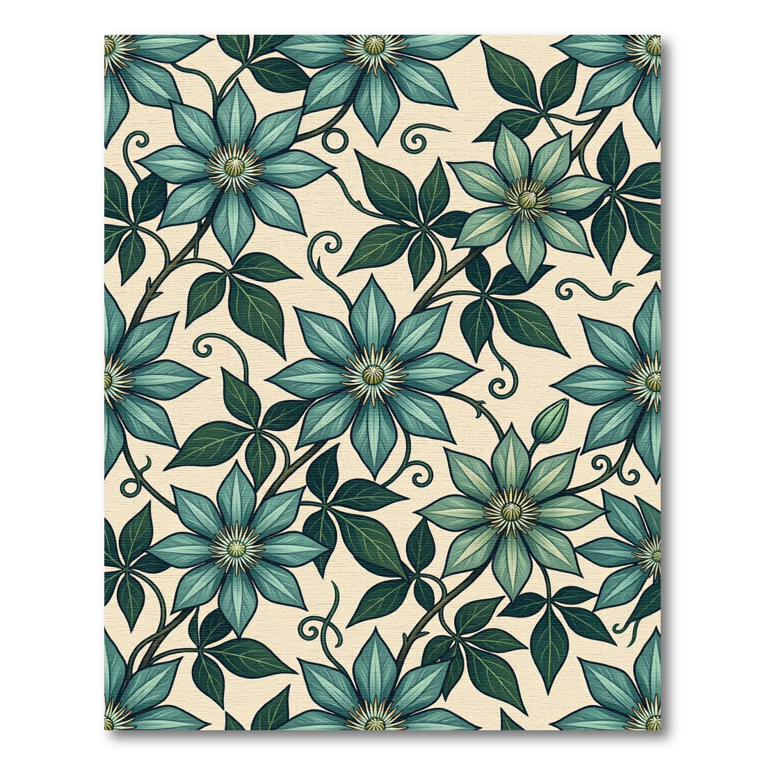 Elegant Teal Clematis Botanical Floral Rug