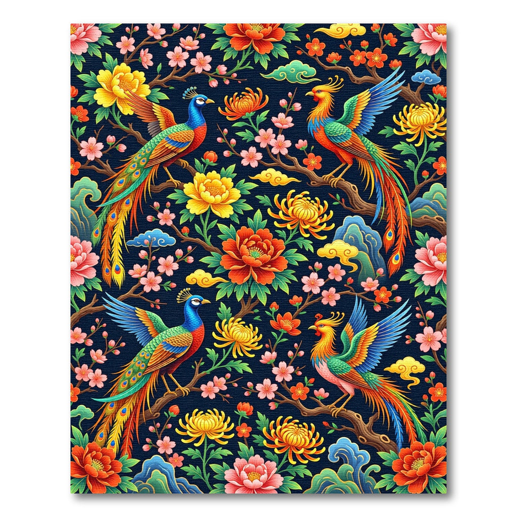 Vibrant Floral Phoenix Peacock Chinoiserie Rug