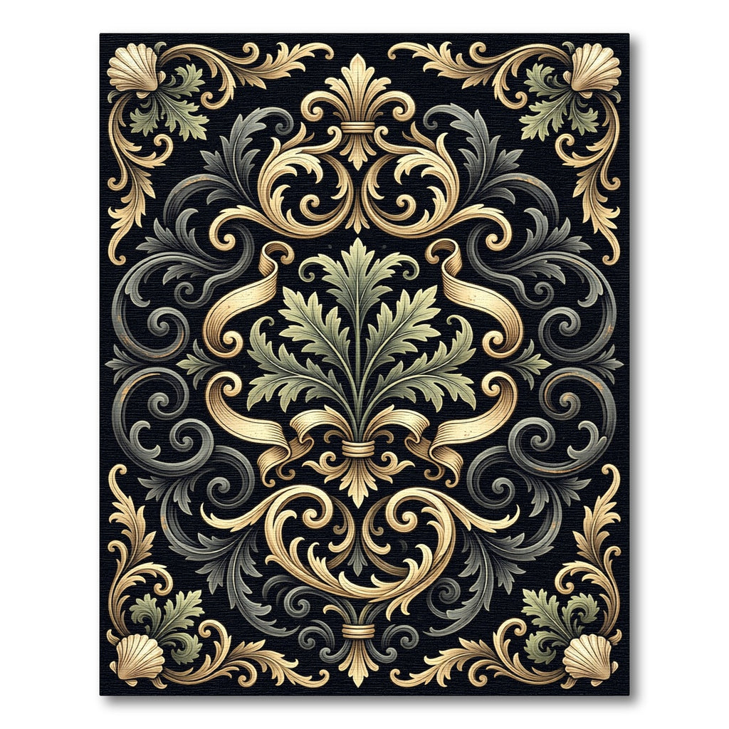 Elegant Gold Black Baroque Acanthus Scroll Rug