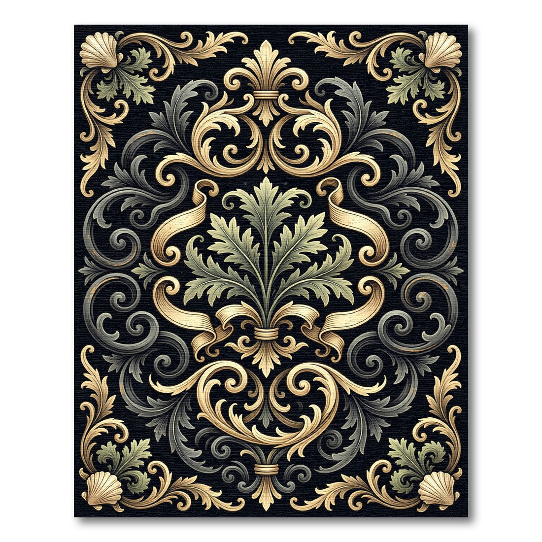 Elegant Gold Black Baroque Acanthus Scroll Rug
