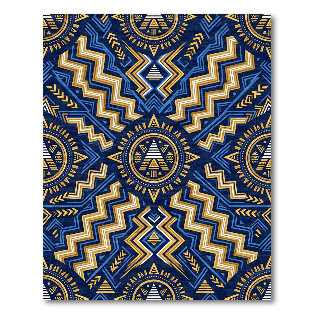 Gold Blue Geometric Mayan Aztec Element Rug