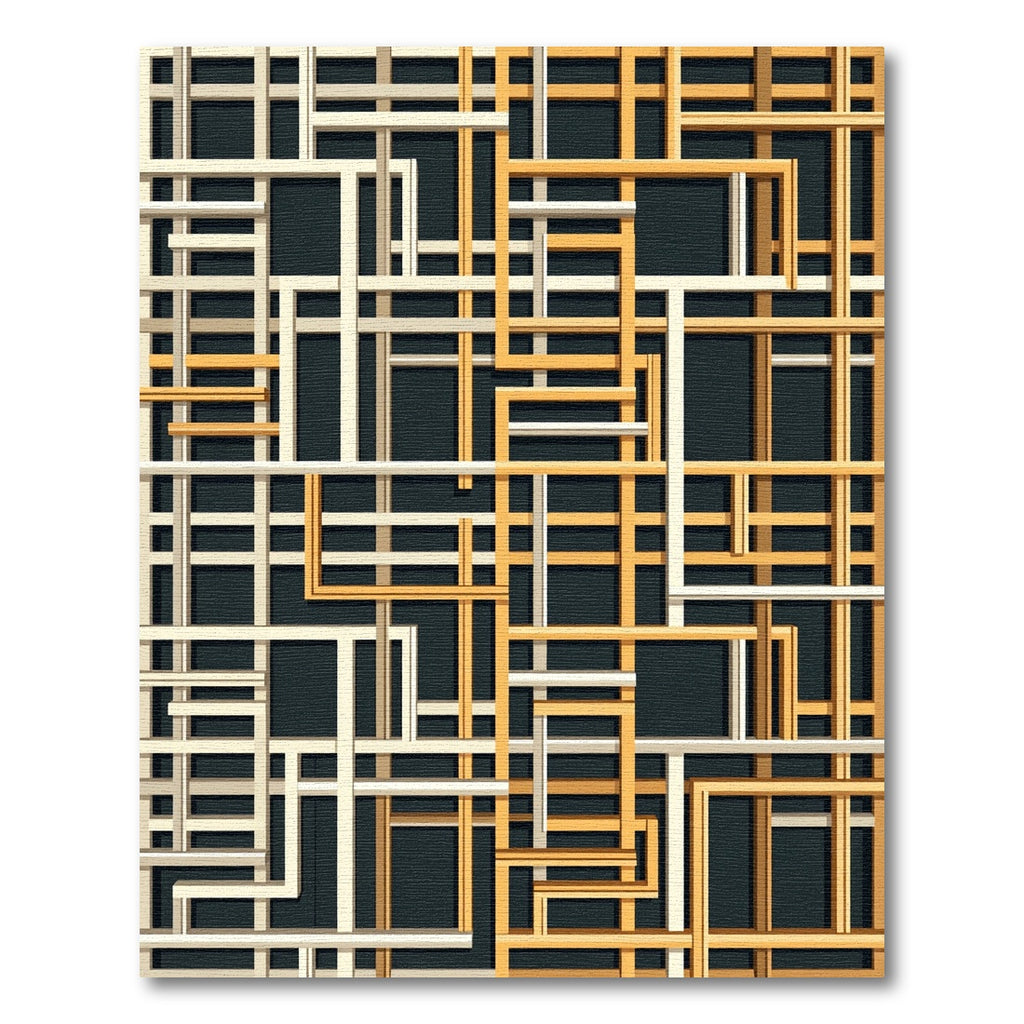 Modern Beige and Ochre Geometric Grid Rug