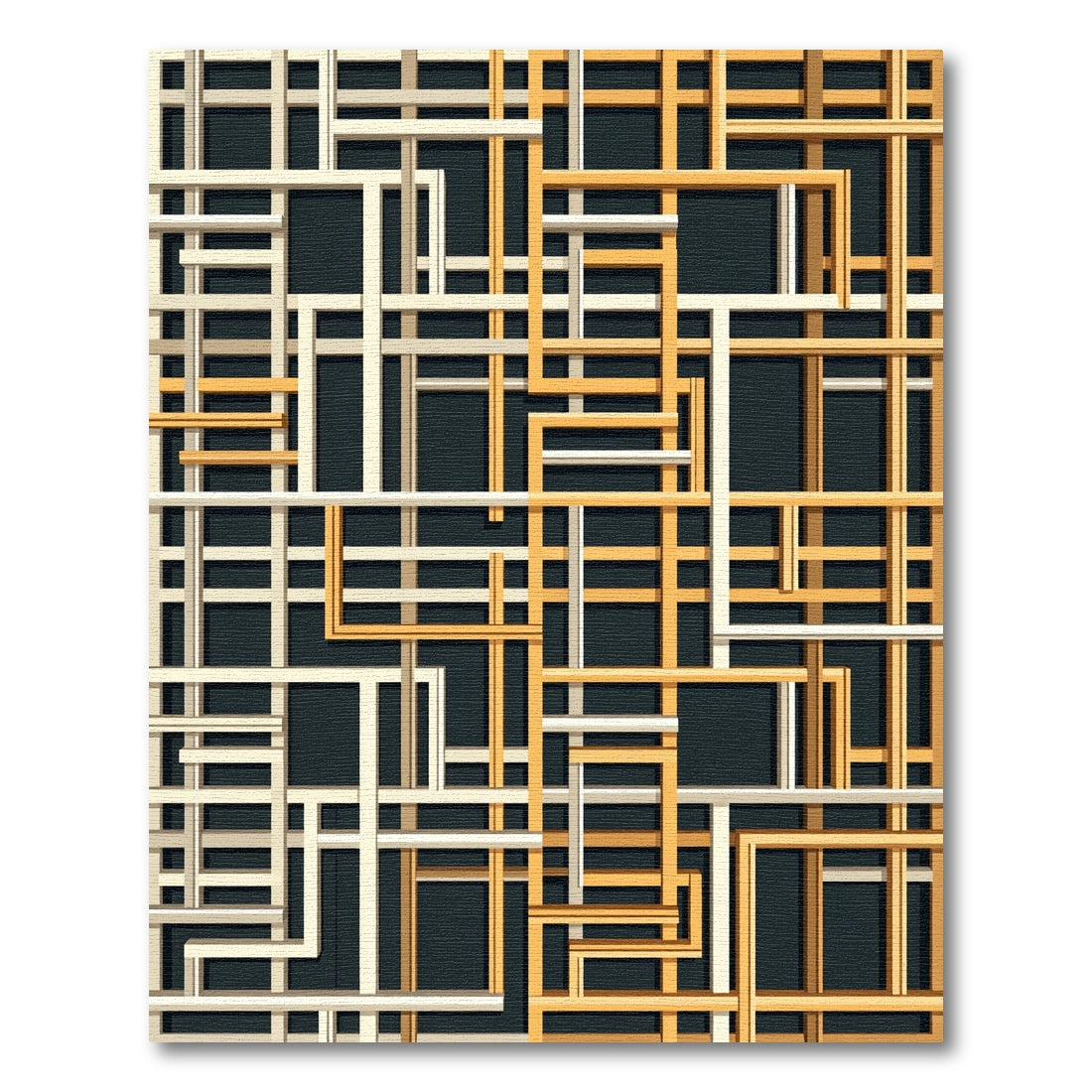 Modern Beige and Ochre Geometric Grid Rug