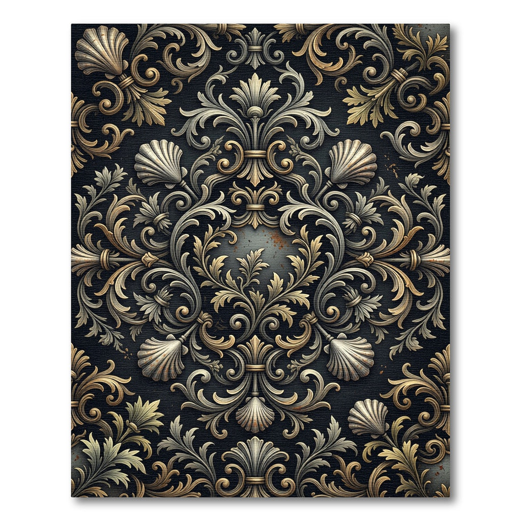 Golden Ornate Baroque Floral Scrollwork Rug