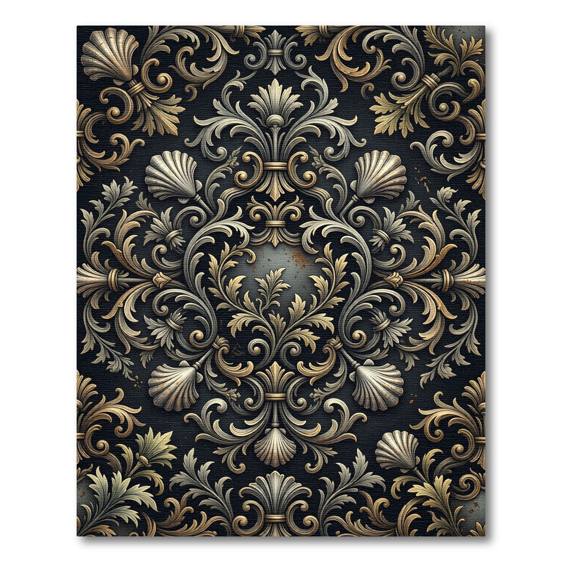 Golden Ornate Baroque Floral Scrollwork Rug