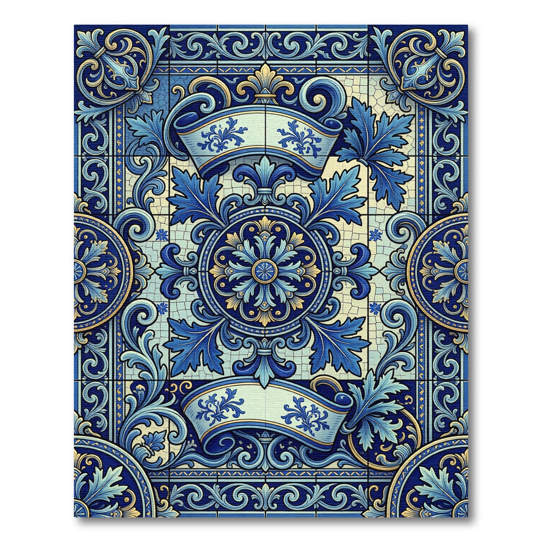 Blue Gold Acanthus Leaf Medallion Rug