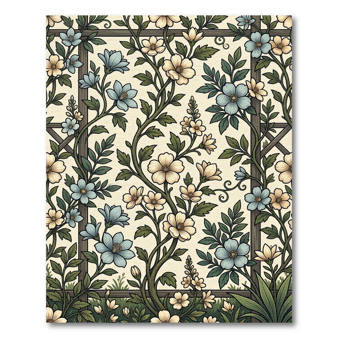 Vintage Blue and Cream Trellis Floral Rug