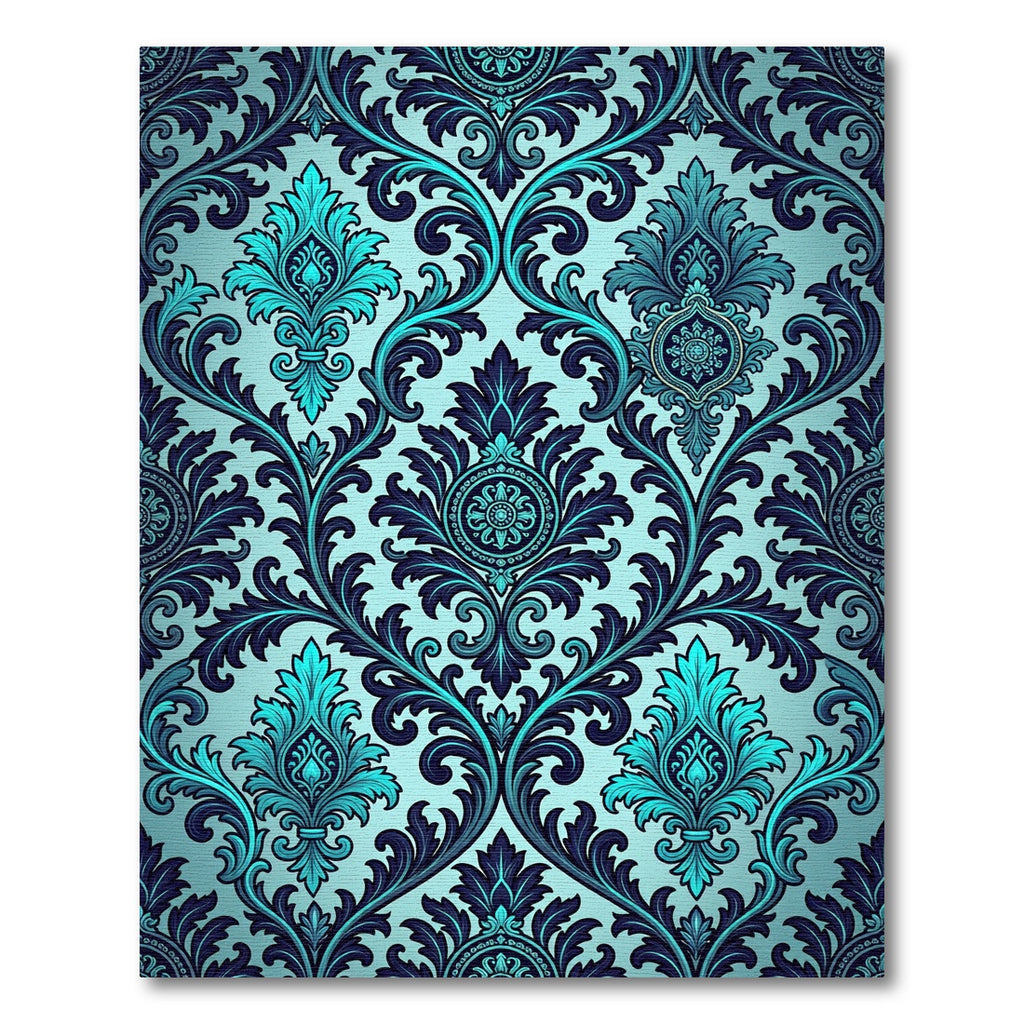 Ornate Cyan and Navy Damask Scroll Rug
