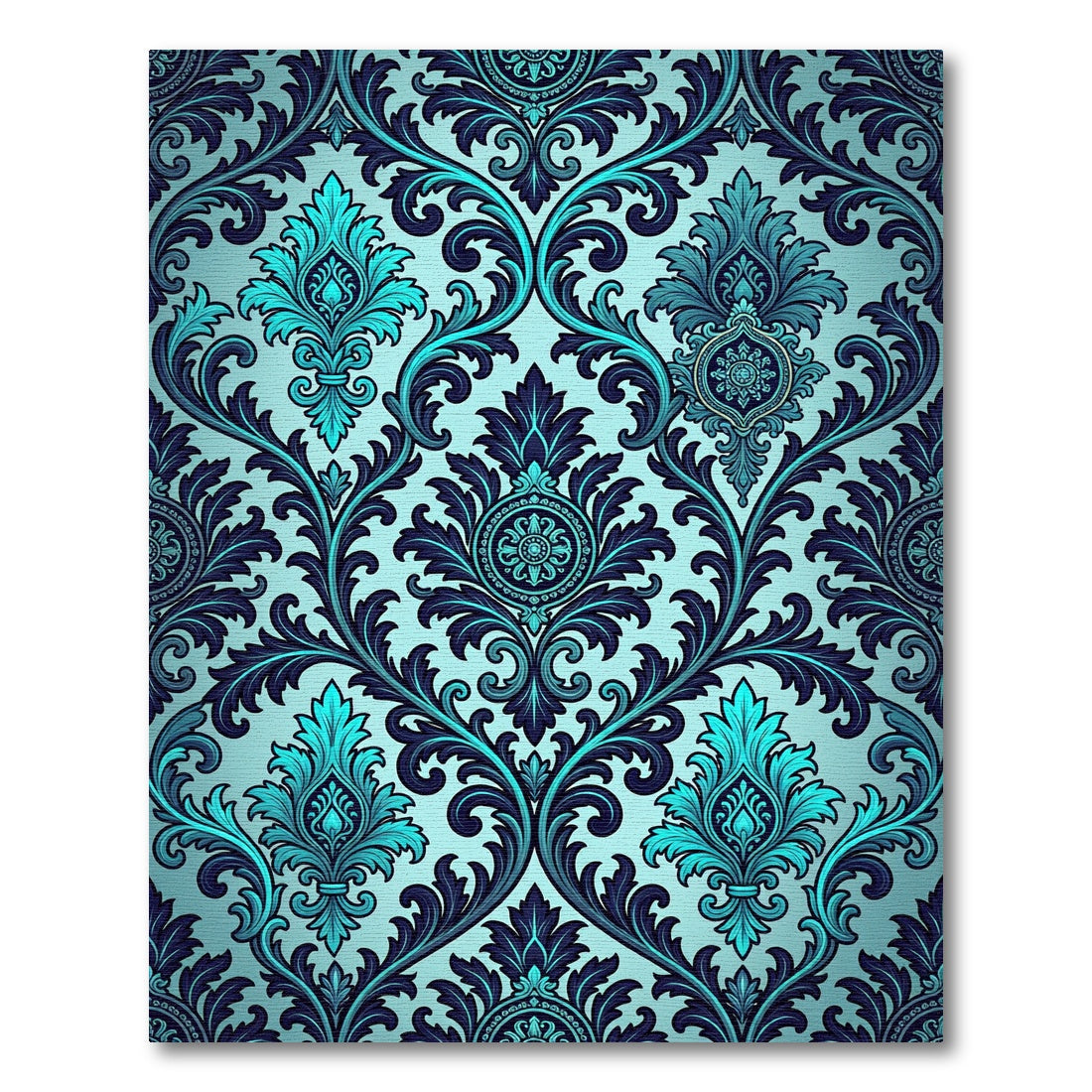 Ornate Cyan and Navy Damask Scroll Rug