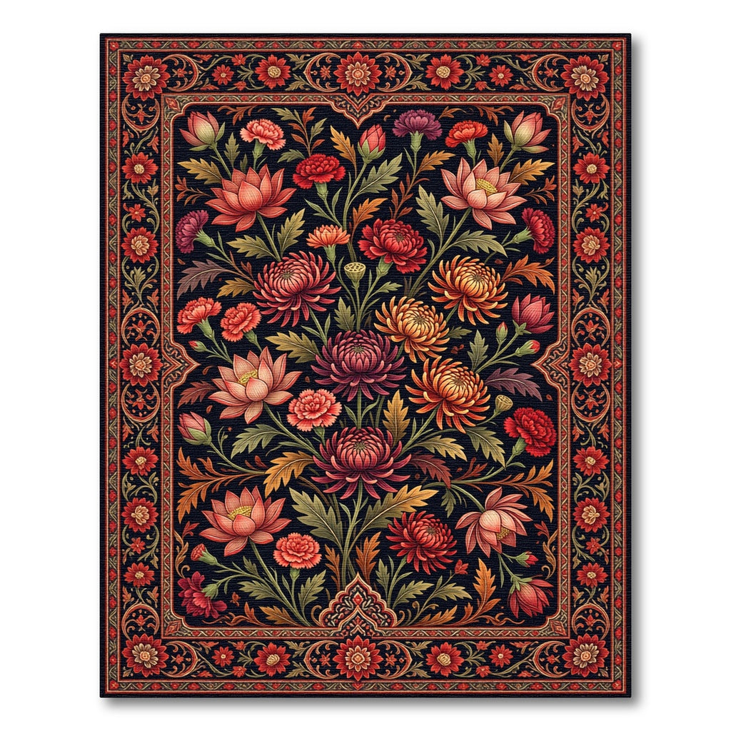 Dark Crimson Floral Garden Botanical Rug