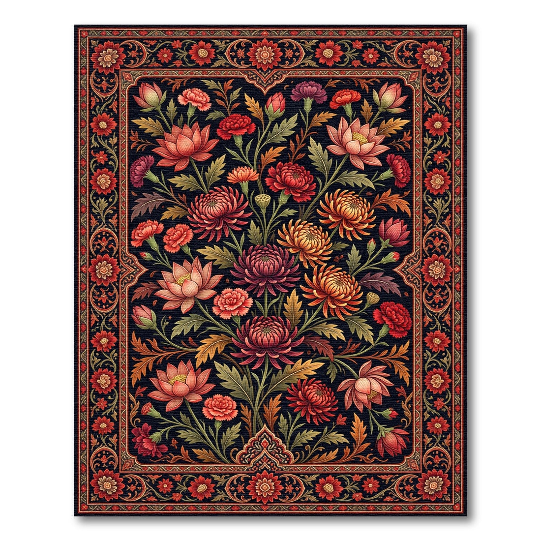 Dark Crimson Floral Garden Botanical Rug