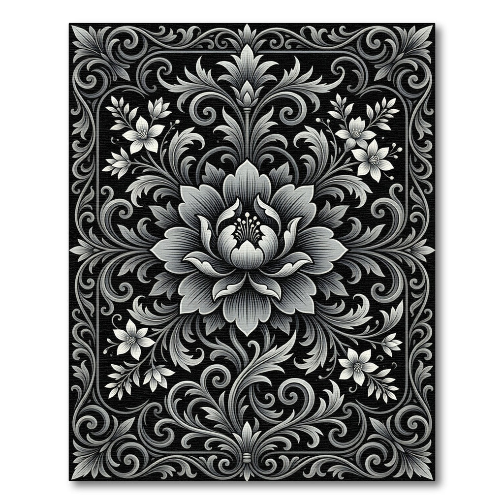 Monochromatic Floral Scrollwork Border Rug
