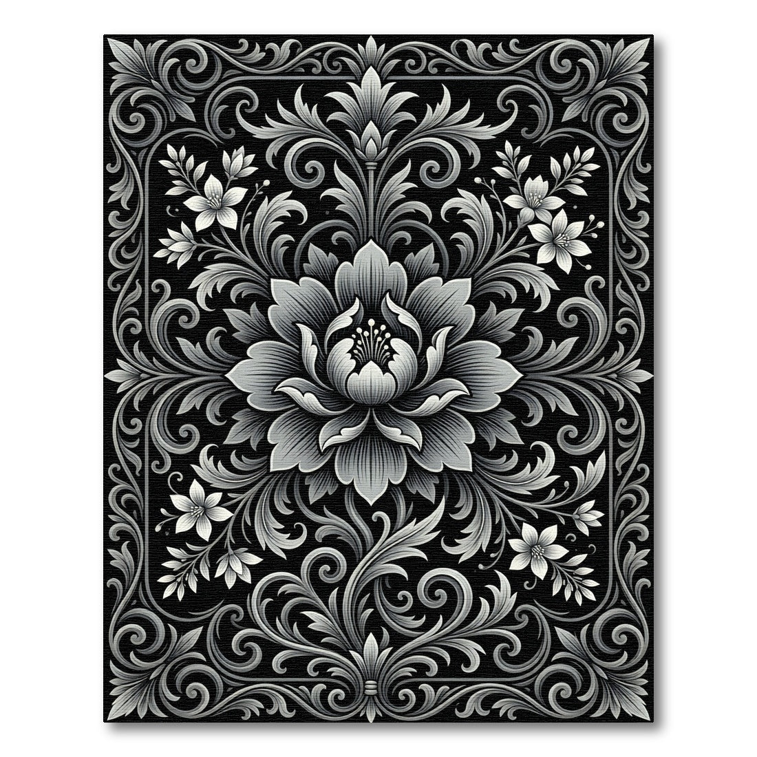 Monochromatic Floral Scrollwork Border Rug