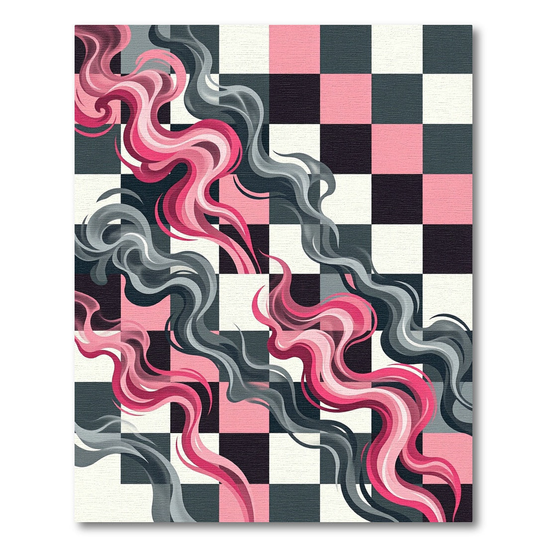 Abstract Pink and Gray Wave Checkered Rug