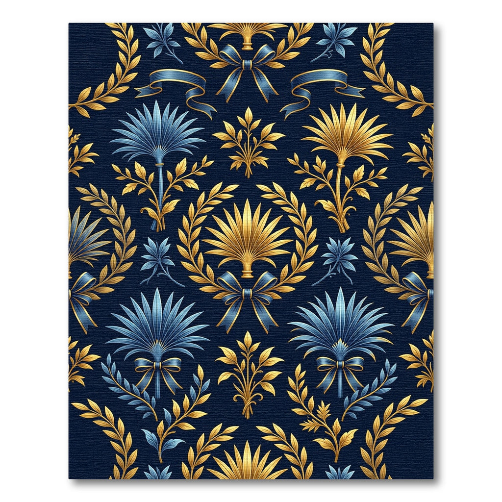 Golden Palm Leaf Navy Floral Damask Rug
