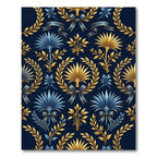 Golden Palm Leaf Navy Floral Damask Rug