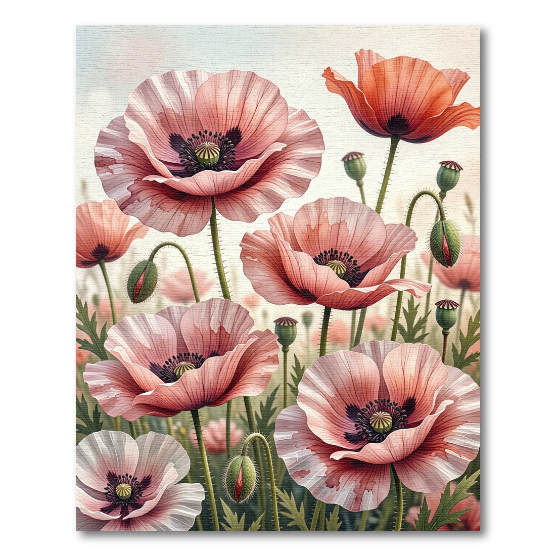 Blushing Pastel Poppies Botanical Art Rug