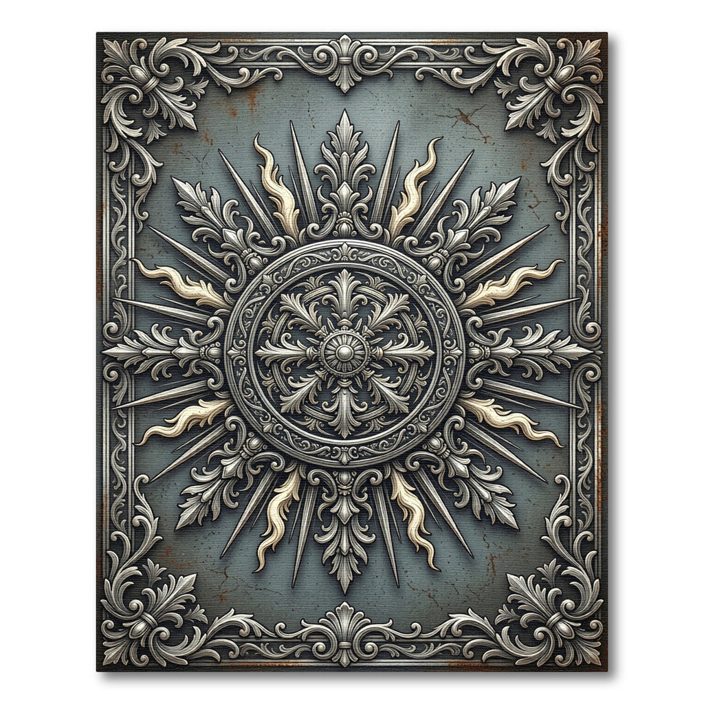 Ornate Silver Medallion Slate Sunburst Rug