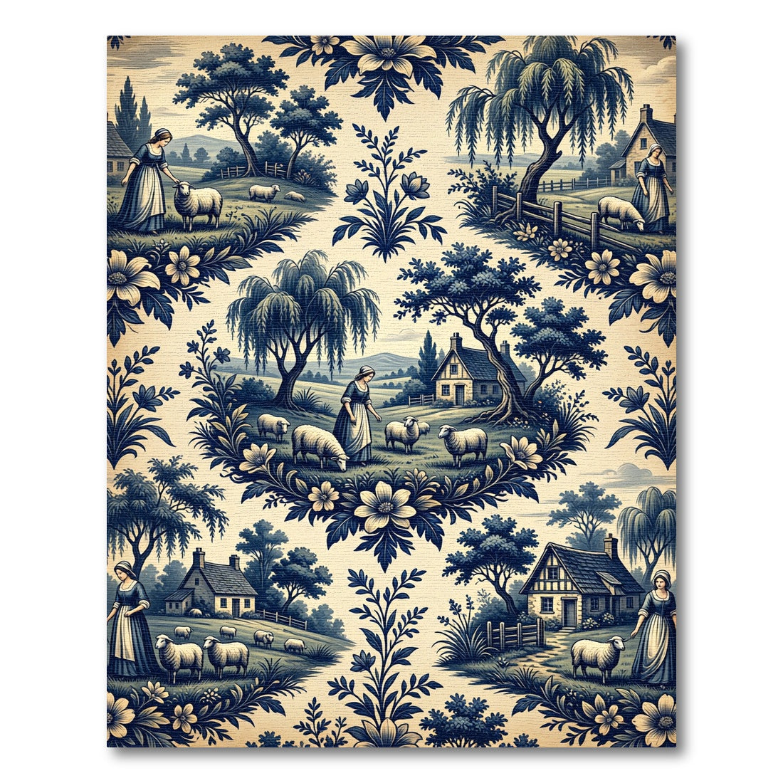 Blue Toile Pastoral Shepherdess Meadow Farmhouse Rug