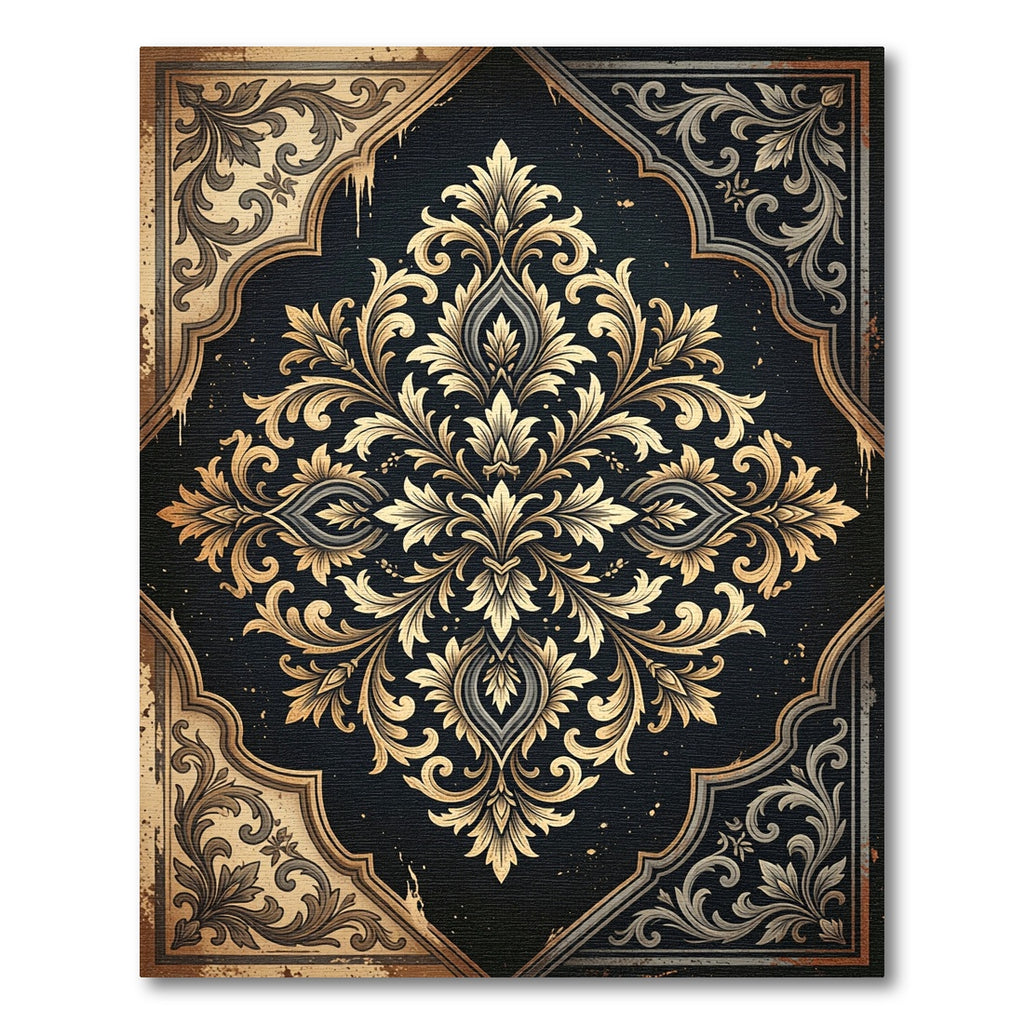 Ornate Damask Gold Black Foliage Area Rug
