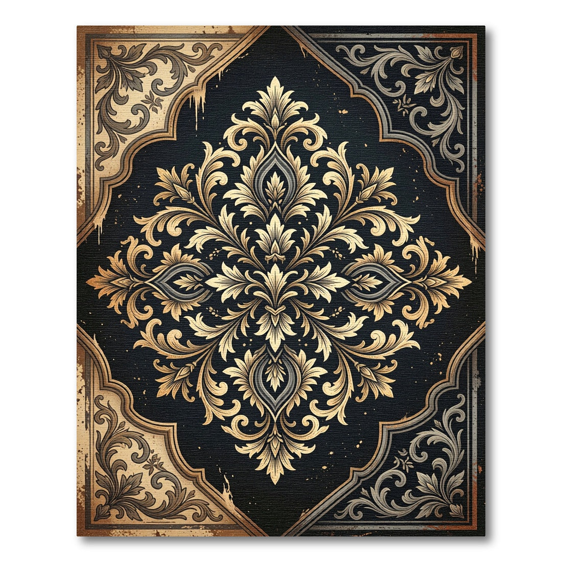 Ornate Damask Gold Black Foliage Area Rug