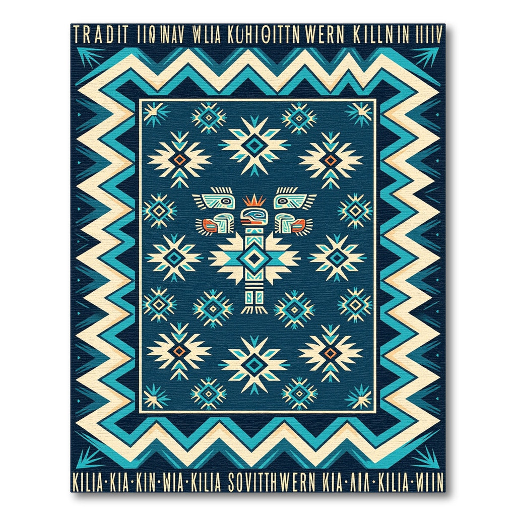 Geometric Navy Teal Southwestern Totem Art Rug
