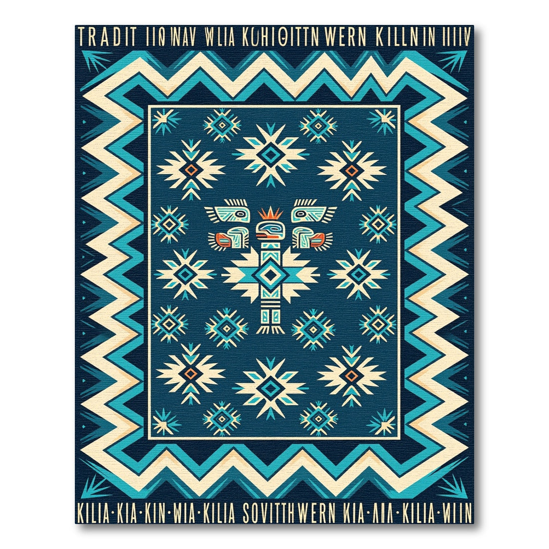 Geometric Navy Teal Southwestern Totem Art Rug