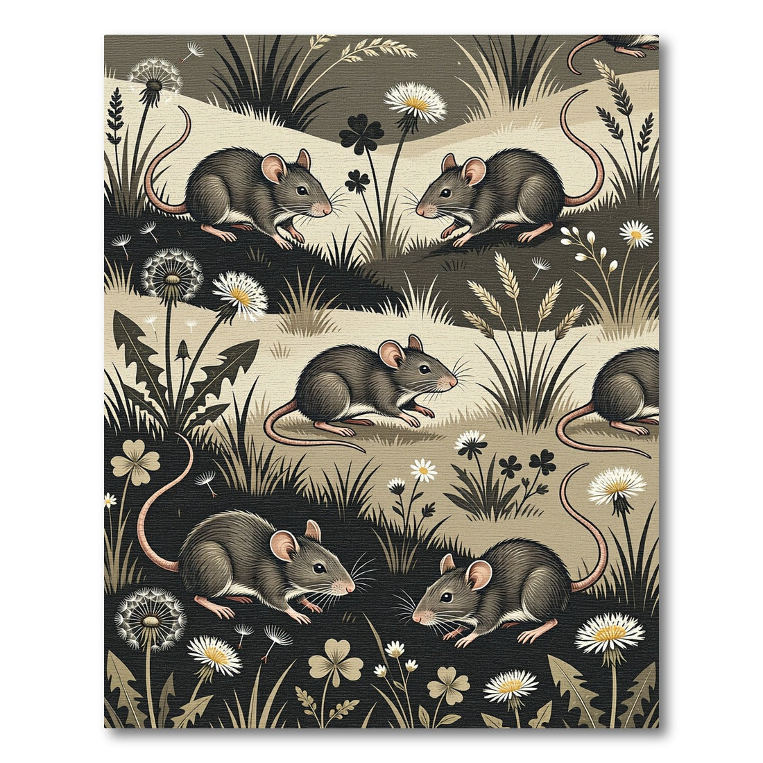 Whimsical Gray Mouse Field Dandelion Rug