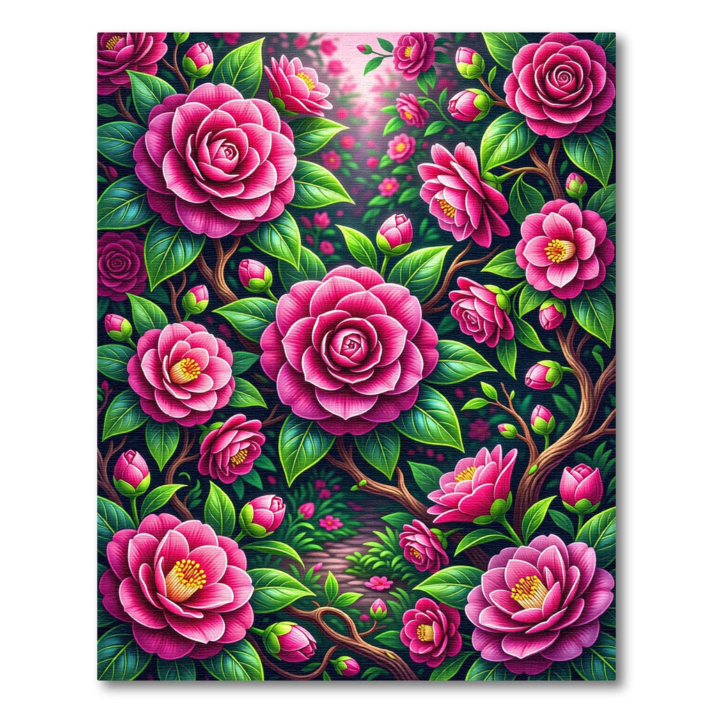 Vibrant Pink Camellia Floral Garden Rug