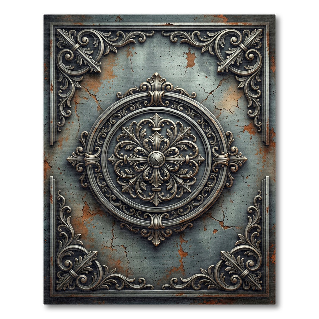Ornate Metallic Silver Floral Medallion Rug