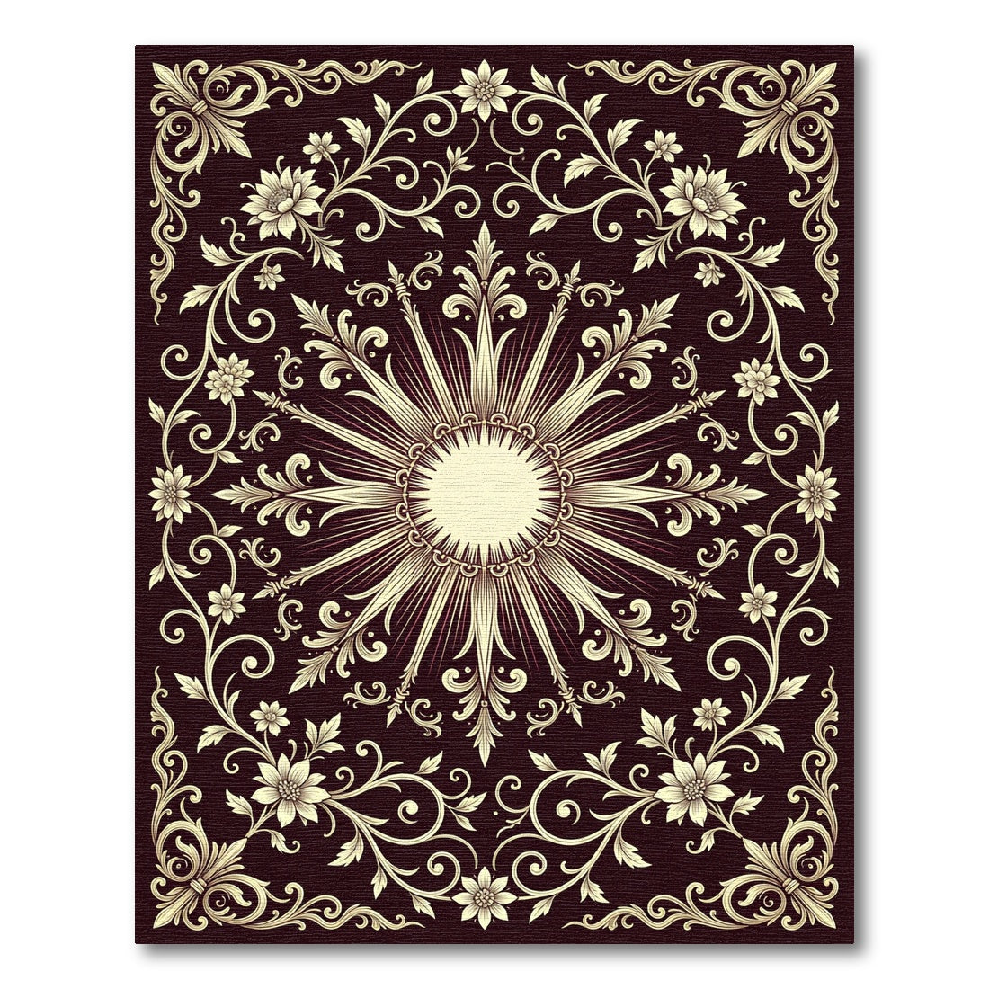 Ornate Ivory Floral Sunburst Medallion Rug
