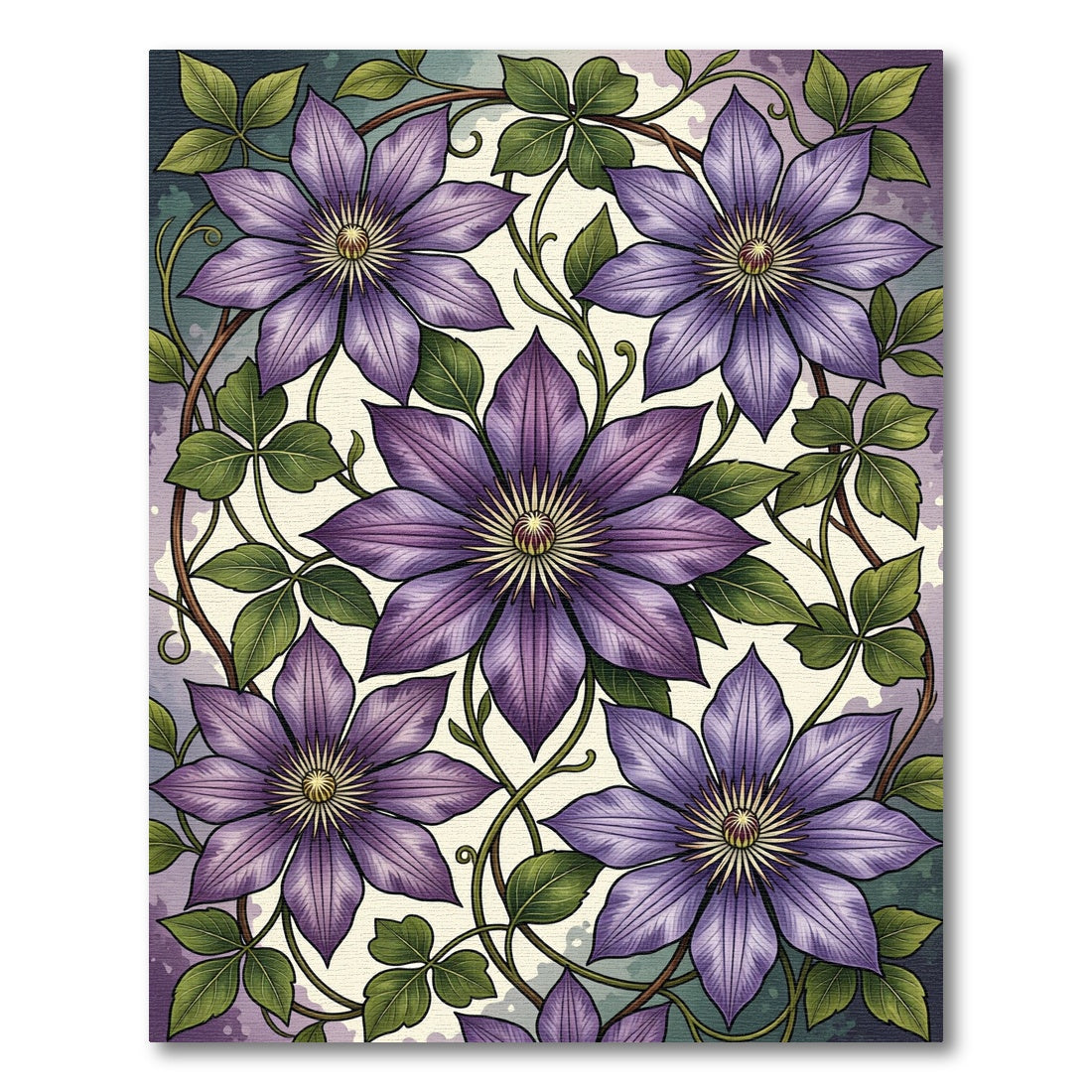 Vivid Purple Clematis Botanical Illustration Rug
