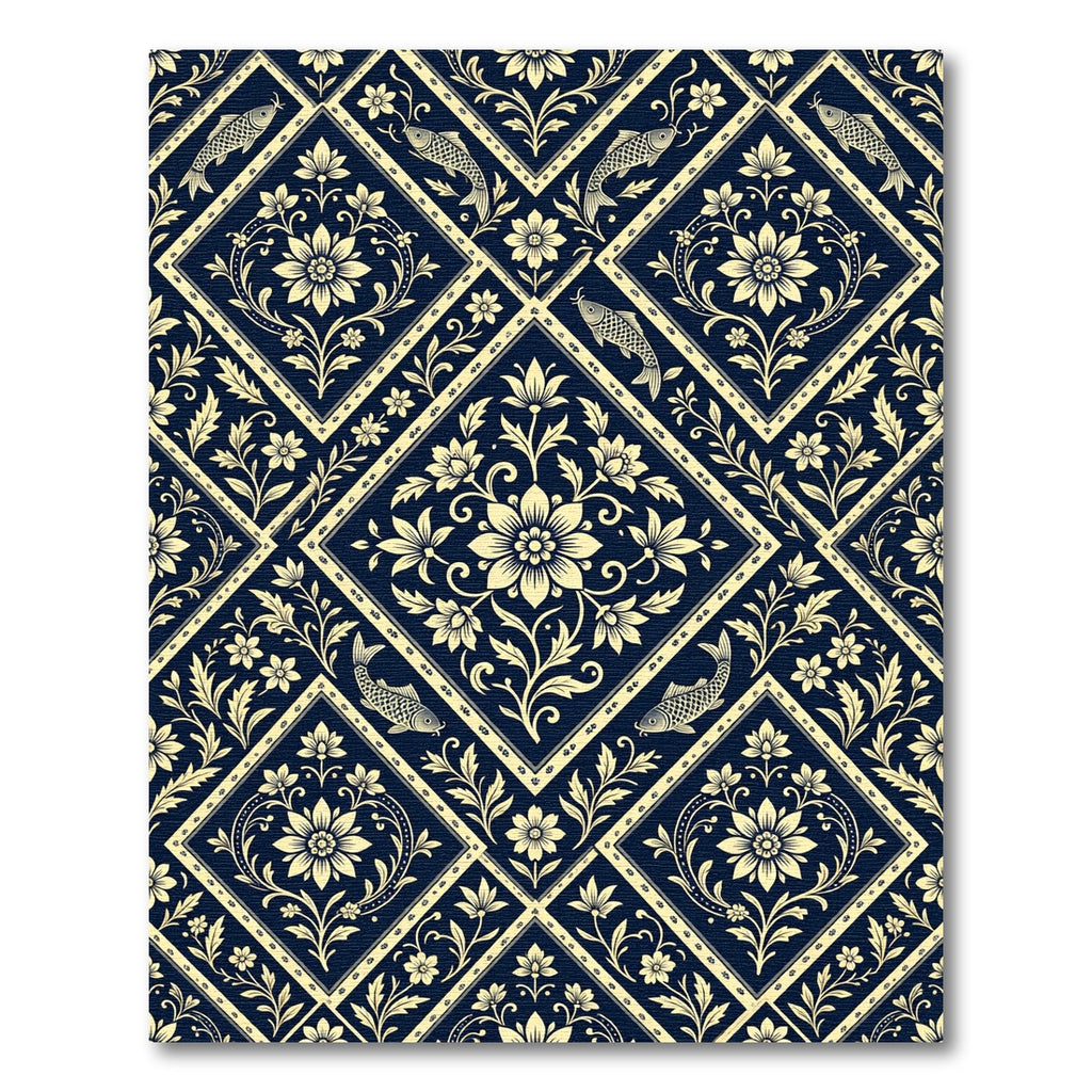 Navy Gold Floral Koi Fish Diamond Rug