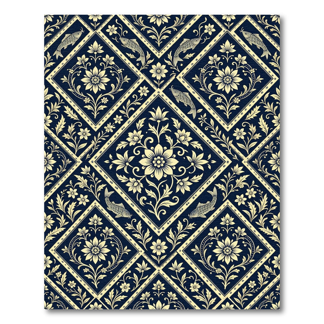 Navy Gold Floral Koi Fish Diamond Rug