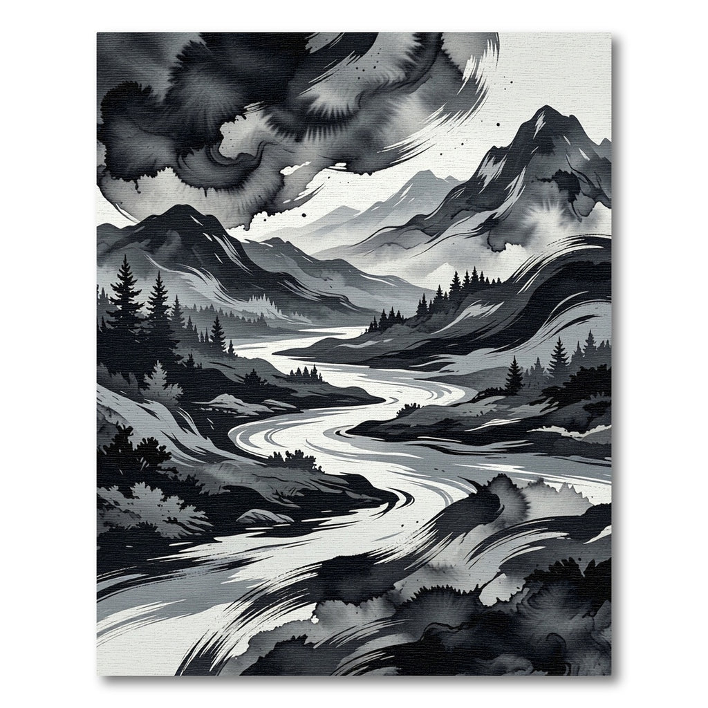 Monochrome Ink Wash Mountain River Landscape Rug