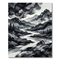 Monochrome Ink Wash Mountain River Landscape Rug